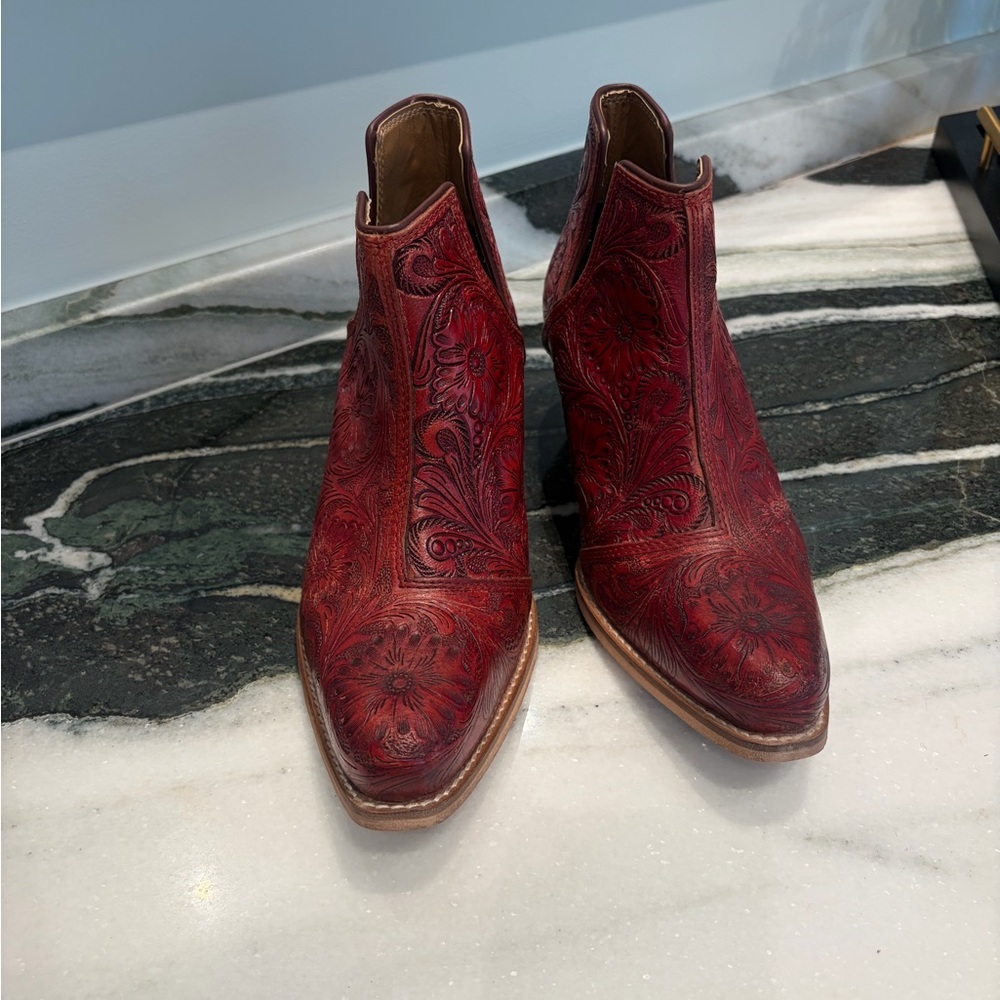 Myra Floral Embossed Leather Western Booties | Red | Size 7 - Picture 3 of 8